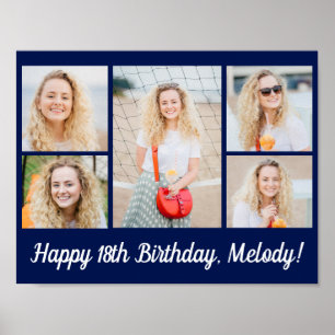 Poster Chic Bleu Marine Joyeux Anniversaire Collage Photo
