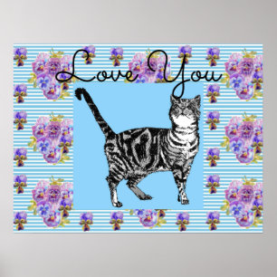 Poster Chic Bleu Shabby Tabby Chat Amour Coeur