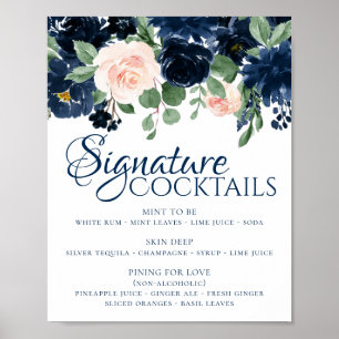 Poster Chic Blooms Boissons Signature Bleu Marine et Bl