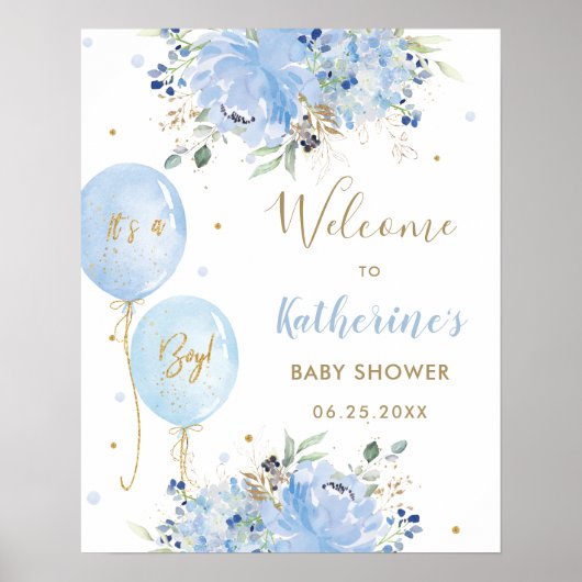 Poster Chic Blue Balloons Floral Boy Baby shower Bienvenu (Devant)