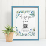 Poster Chic Blue Floral Spring Wedding Honeymoon Fund<br><div class="desc">Fleurs de pivoines blanches gaies et feuilles d'aquarelle verte forment une belle frontière sur cette jolie affiche de fonds lune de miel pour un mariage de printemps. Chic,  moderne griffe manuscrite accentuée par un joli design floral bleu cornflower. Ajoutez le lien de votre site Web au code QR.</div>