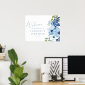 Poster Chic Blue Watercolor Floral Custom Wedding Bienven (Bureau à domicile)