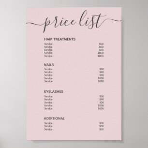 Poster Chic Blush Pink Hair Salon Tarifs Menu Service