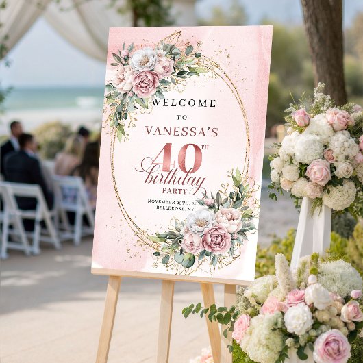 Poster Chic Boho Dusty Pink Floral 40th Birthday Welcome