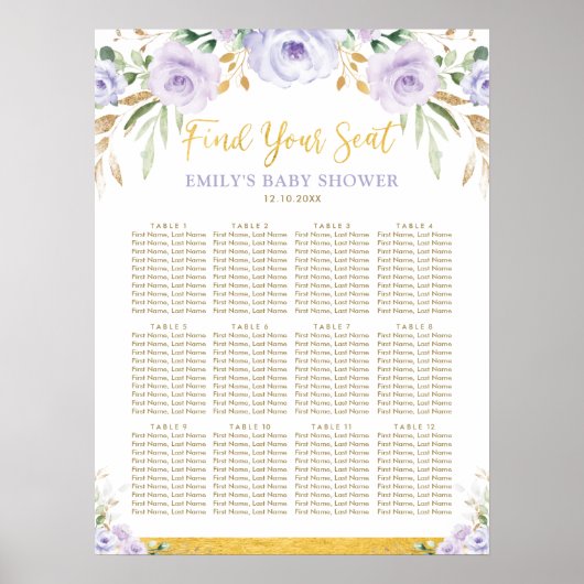 Poster Chic Boho Purple Floral Girl Baby shower Siège (Devant)