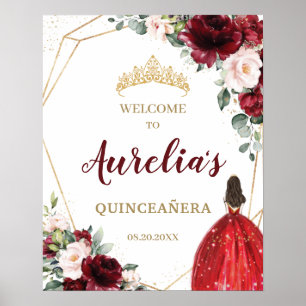 Poster Chic Bourgogne Blush Rouge Floral Quinceañera Bien