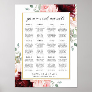 Poster Chic Burgundy Blush Rose Floral Mariage Siège