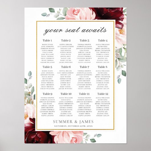 Poster Chic Burgundy Blush Rose Floral Mariage Siège (Devant)