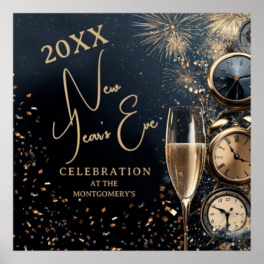 Poster Chic Champagne and Clocks New Year's Eve Party (Devant)