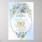Poster Chic Dusty Blue Floral 90th birthday welcome (Devant)