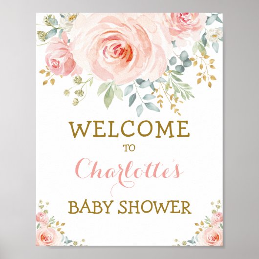 Poster Chic Fleurs Aquarelle Rose Pâle Doré Baby Shower (Devant)