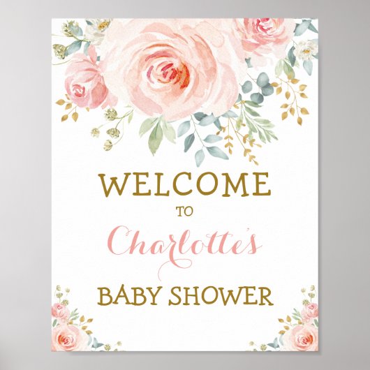 Poster Chic Fleurs Aquarelle Rose Pâle Or Baby Shower (Devant)