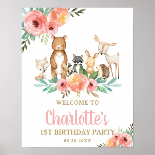 Poster Chic Floral Woodland Animals 1st Birthday Welcome (Devant)
