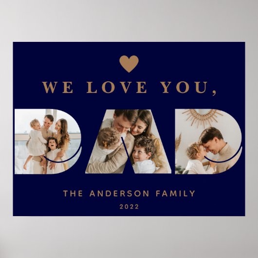 Poster Chic Gold Navy Blue Custom Trois Papa Script Photo (Devant)