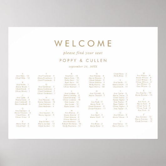 Poster Chic Gold Typographie Horizontal Seating Chart (Devant)
