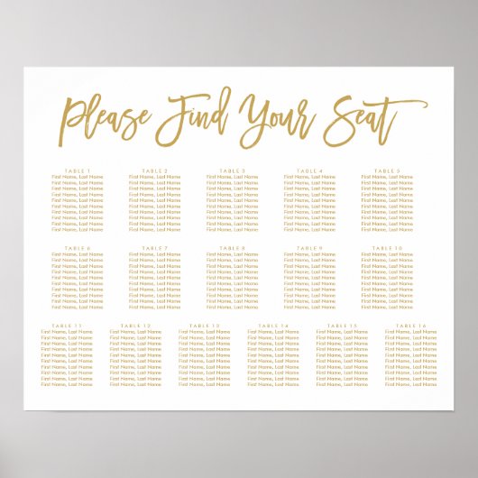 Poster Chic Hand Lettered Seating Chart Gold 16 tables (Devant)