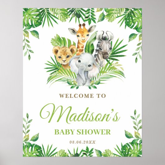 Poster Chic Jungle Animaux Baby shower de verdure Bienven (Devant)