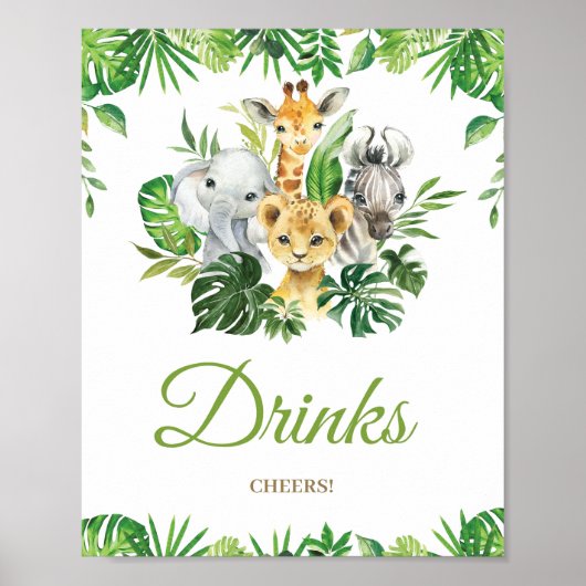 Poster Chic Jungle Animaux Verdure Baby shower Boissons (Devant)