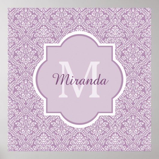 Poster Chic Lavande Purple Damask Monogramme Avec Nom (Devant)