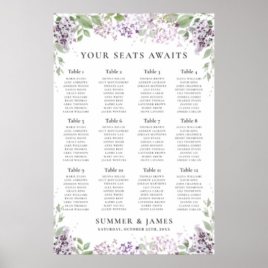 Poster Chic Lilac Purple Floral Mariage Carte de siège (Devant)