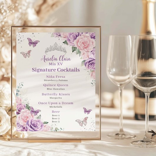 Poster Chic Lilac Rose Floral Quinceanera Bar Menu Boisso