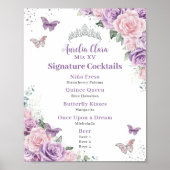 Poster Chic Lilac Rose Floral Quinceanera Bar Menu Boisso (Devant)