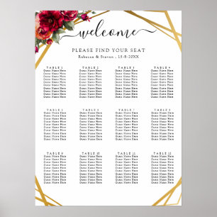 Poster Chic mariage floral faux or rouge
