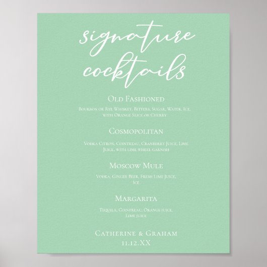 Poster Chic Mint Green Mariage Signature Cocktails Menu (Devant)