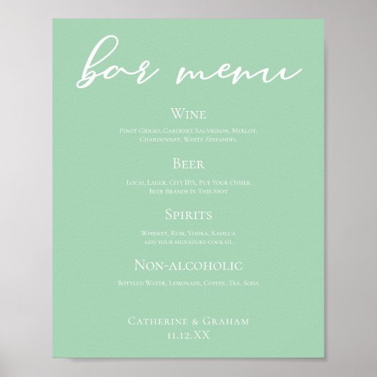 Poster Chic Mint Green Typographie Mariage Menu (Devant)
