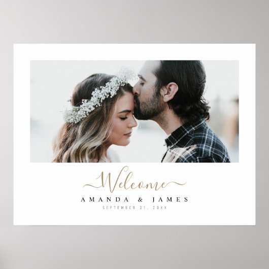 Poster Chic Moderne Or Horizontal Photo Mariage Bienvenue (Devant)