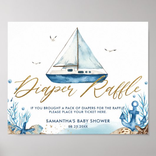 Poster Chic Nautical Boat Gold Baby Shower Diaper Raffle  (Devant)