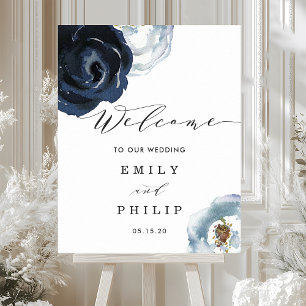 Poster Chic Navy Blue Peony Floral Mariage Bienvenue