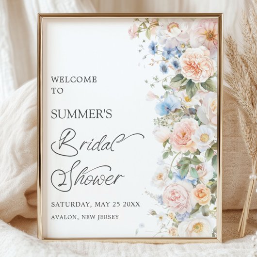 Poster Chic Pastel Blush Blanc Bleu Fête des mariées Flor