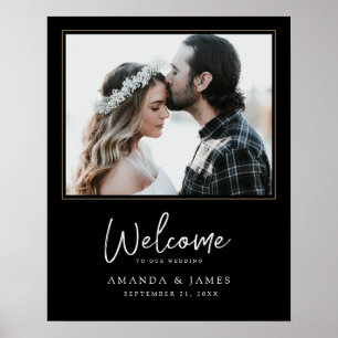 Poster Chic Photo Mariage Bienvenue Noir, Blanc et Or