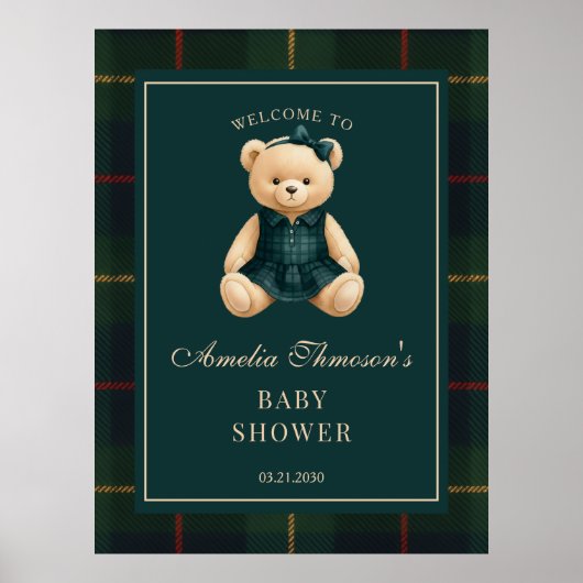 Poster Chic Preppy Teddy Bear Baby Shower Welcome  (Devant)