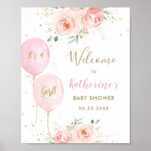 Poster Chic rose Ballons Floral Girl Baby shower Bienvenu