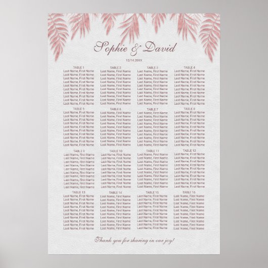 Poster Chic Rose Gold Palm Feuille Mariage Carte de siège (Devant)
