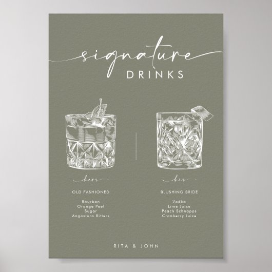Poster Chic Sage Green Bar Signature Boissons Mariage Sig (Devant)