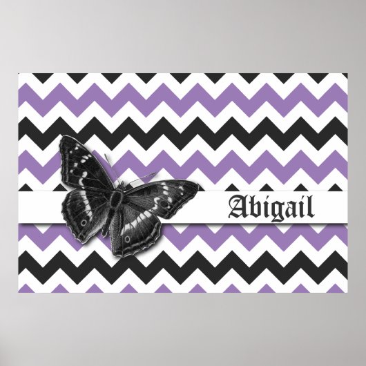 Poster Chic Vintage Papillon Purple Grey Chevron Motif (Devant)