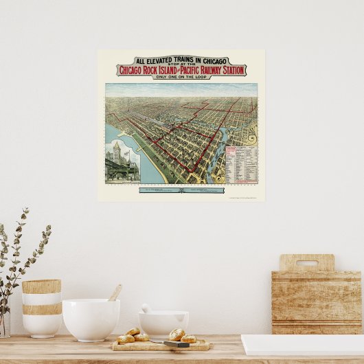 Poster Chicago Elevated Trains, IL Panoramic Map - 1893 (Cuisine)