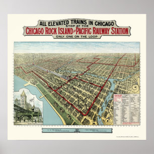 Poster Chicago Elevated Trains, IL Panoramic Map - 1893
