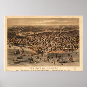 Poster Chicago Illinois 1871 Antique carte panoramique