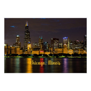 Poster Chicago, Illinois Skyline la nuit