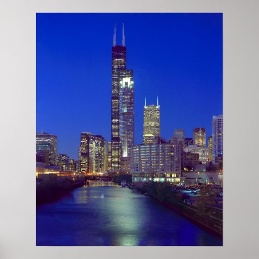 Poster Chicago, Illinois, Skyline la nuit avec Chicago (Devant)