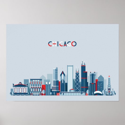 Poster Chicago, Illinois | Skyline rouge, blanc et bleu (Devant)