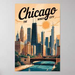Poster Chicago Illinois Skyline Travel Art Vintage