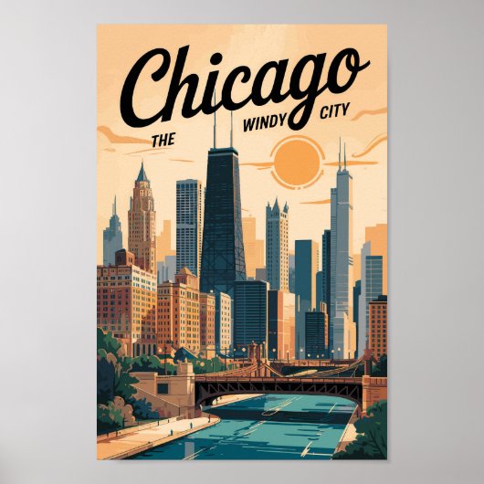 Poster Chicago Illinois Skyline Travel Art Vintage (Devant)