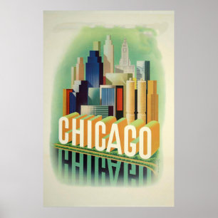 Poster Chicago Illinois Skyline Vintage Travel