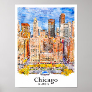 Poster Chicago Illinois Voyage Aquarelle main tirée