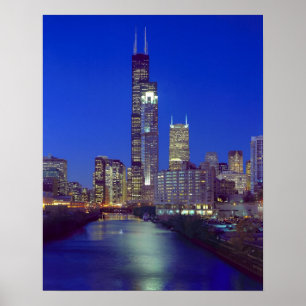 Poster Chicago, Illinois, vue panoramique la nuit avec Ch